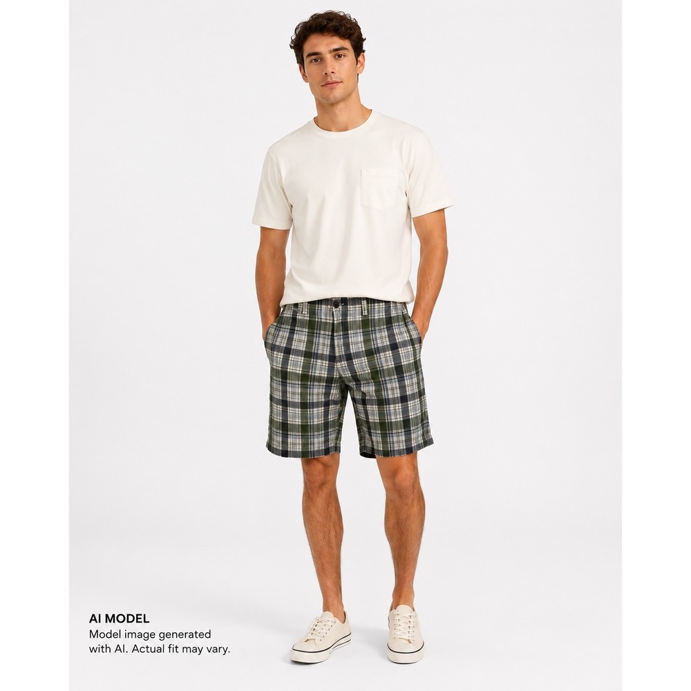Gap Mens Green Navy Plaid Flat Front Chino Shorts Size 33